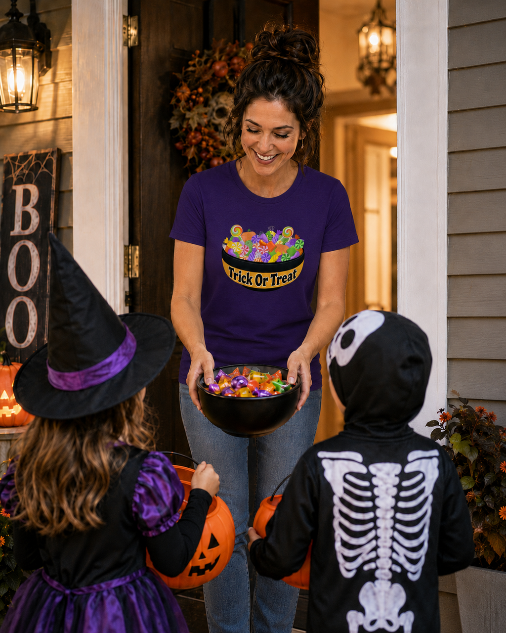 Trick or Treat Candy Bowl Halloween Tee | Bright Retro Candy Graphic T-Shirt
