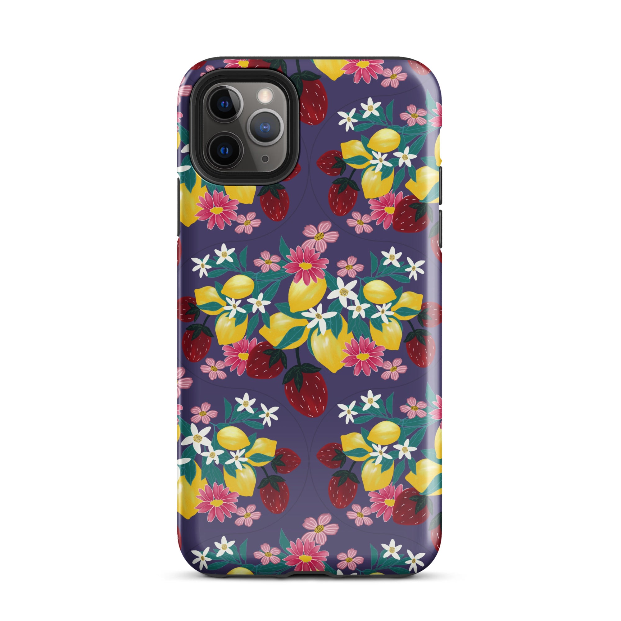 Product mockup of a phone case that is purple with lemons, strawberries and florals